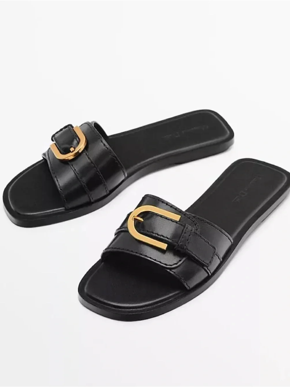 Massimo Dutti Black Leather Slide Sandals with Gold Buckle Detail